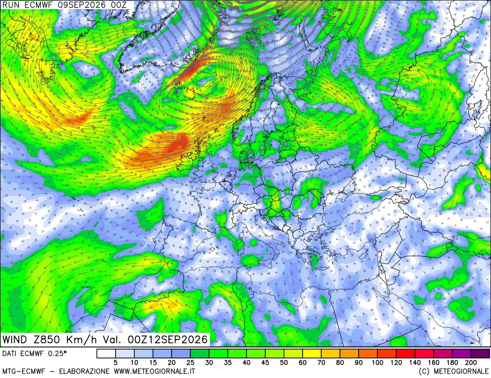 mappa Direzione e forza del vento a 850hPa