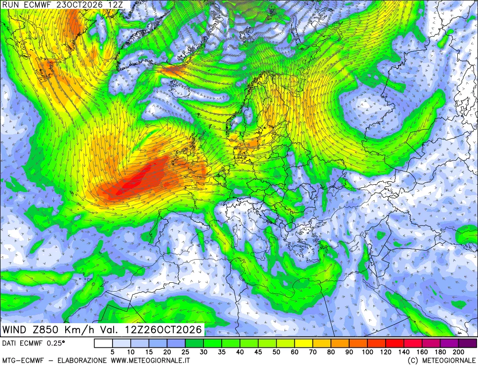 mappa Direzione e forza del vento a 850hPa