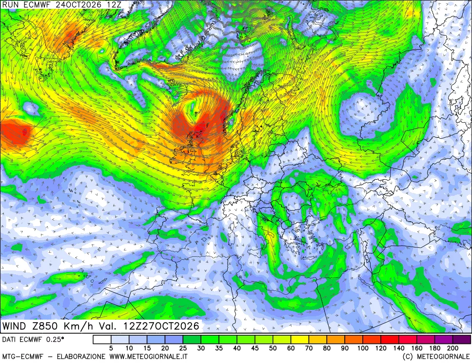 mappa Direzione e forza del vento a 850hPa