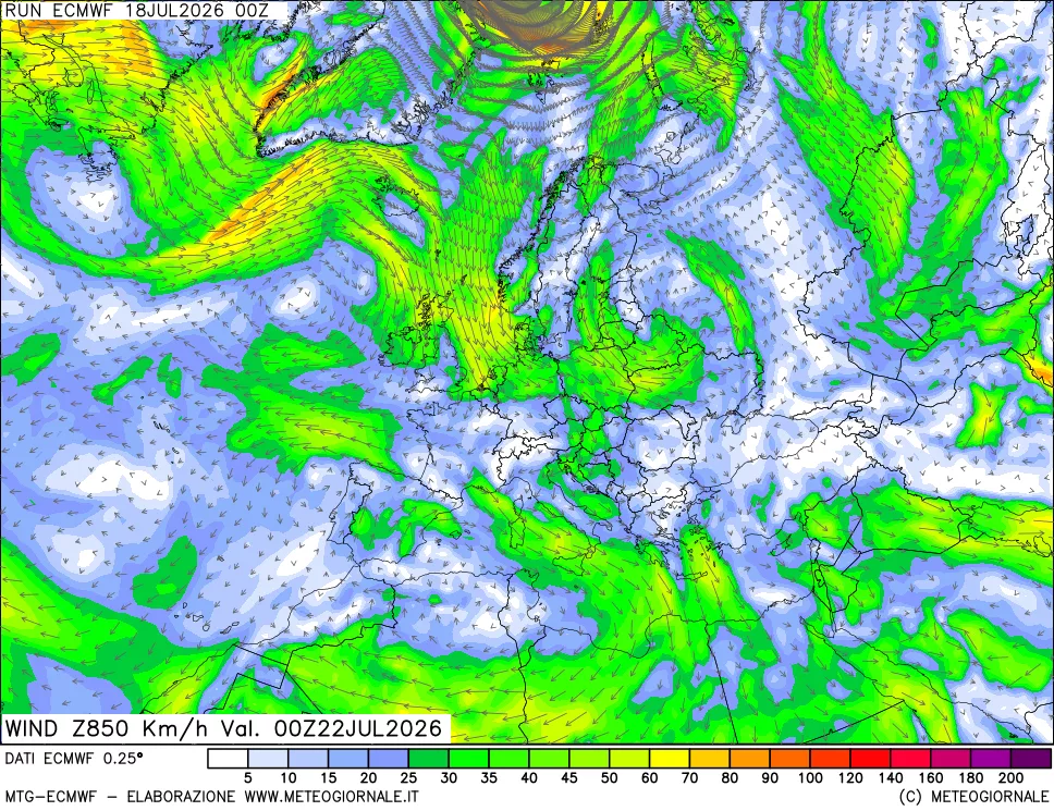 mappa Direzione e forza del vento a 850hPa