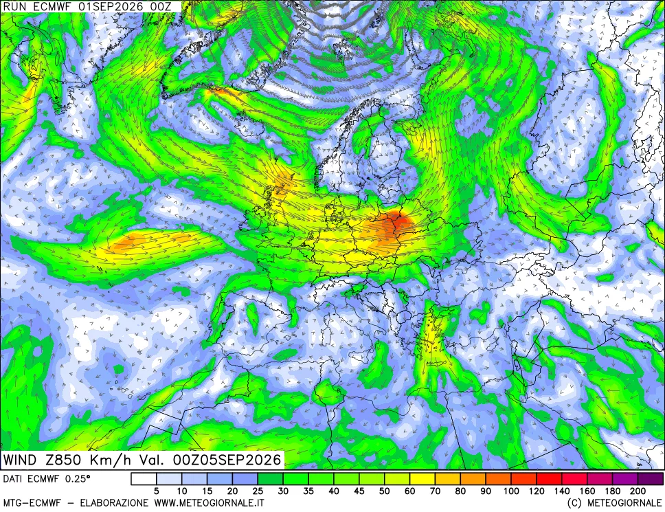 mappa Direzione e forza del vento a 850hPa