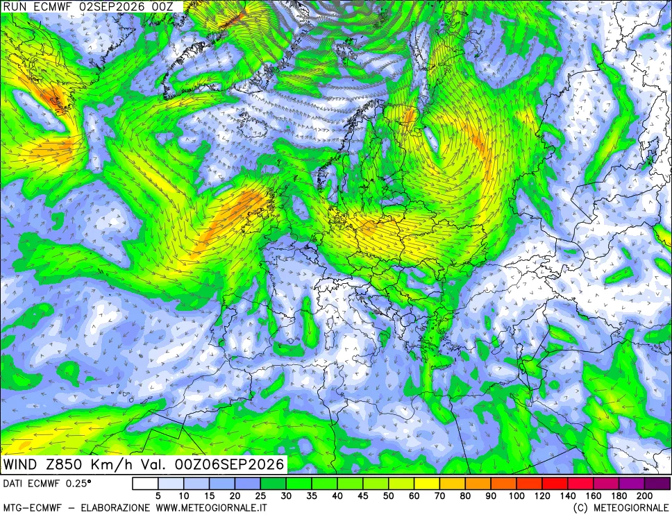 mappa Direzione e forza del vento a 850hPa