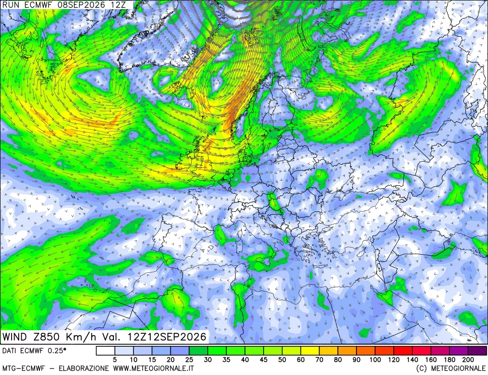 mappa Direzione e forza del vento a 850hPa
