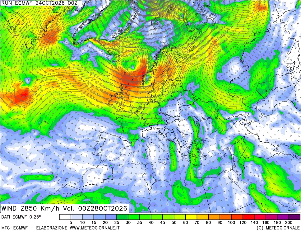 mappa Direzione e forza del vento a 850hPa