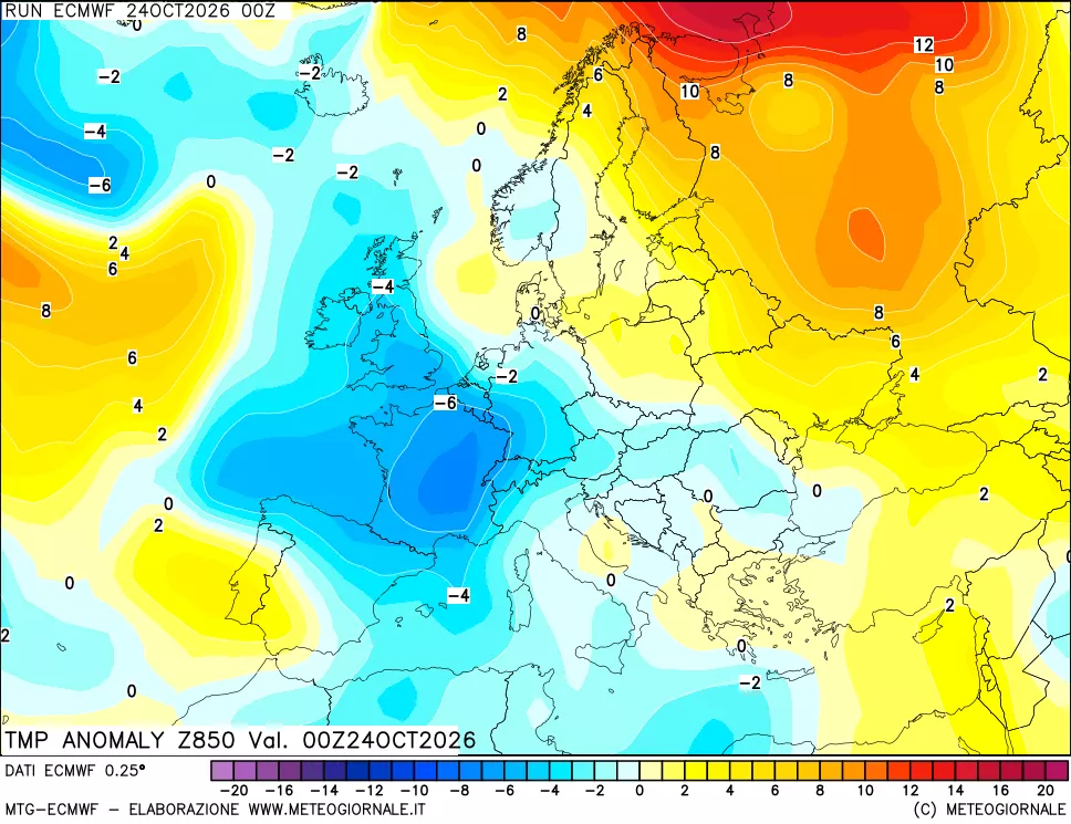 mappa 850 hPa Temp Anomaly vs Cli.No 1981-2010