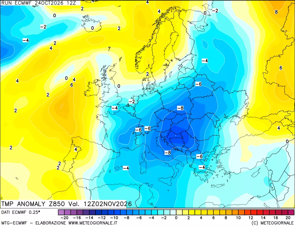 mappa 850 hPa Temp Anomaly vs Cli.No 1981-2010