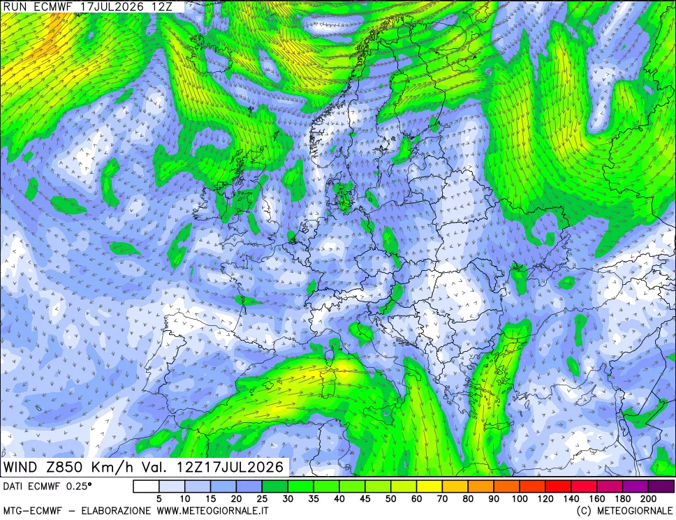 mappa Direzione e forza del vento a 850hPa