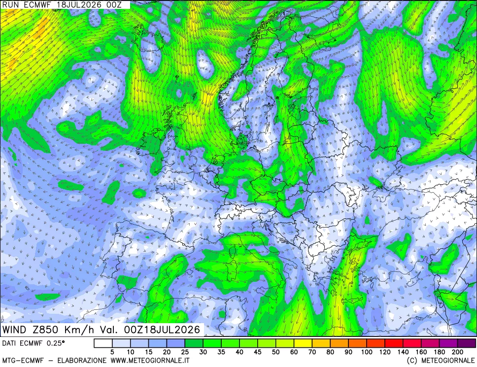mappa Direzione e forza del vento a 850hPa