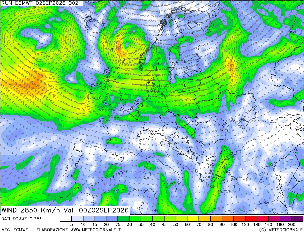 mappa Direzione e forza del vento a 850hPa