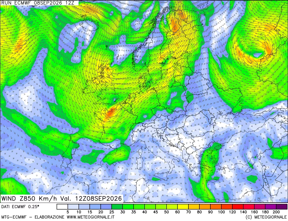 mappa Direzione e forza del vento a 850hPa