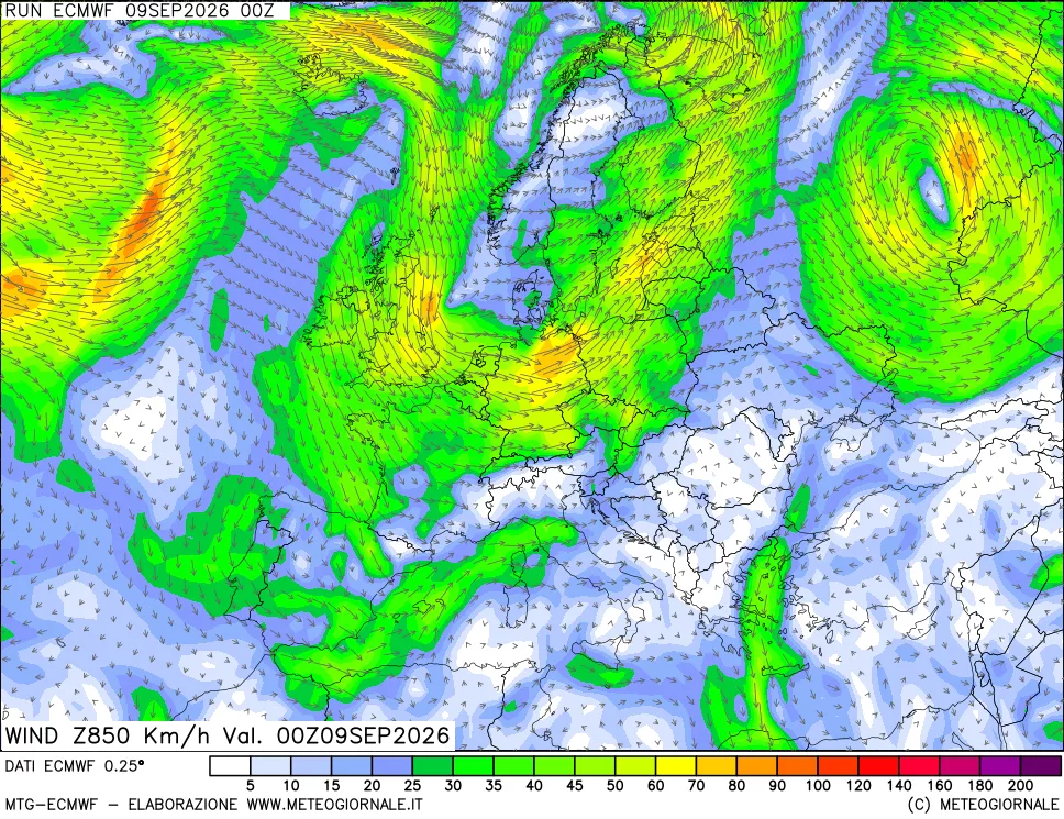 mappa Direzione e forza del vento a 850hPa