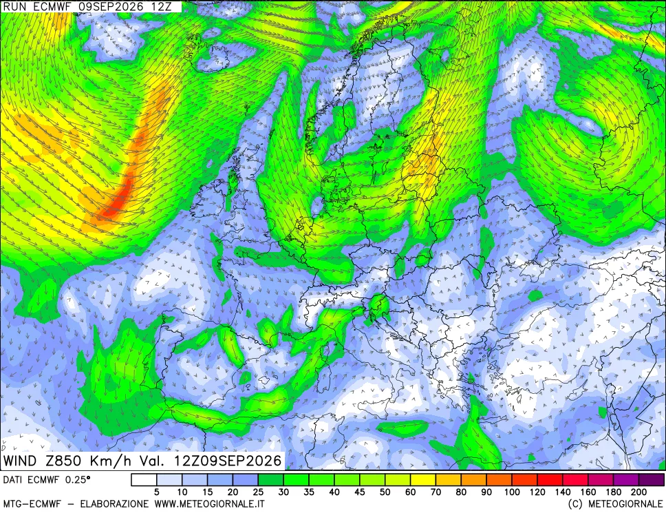 mappa Direzione e forza del vento a 850hPa
