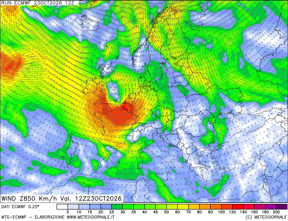 mappa Direzione e forza del vento a 850hPa