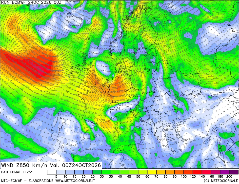 mappa Direzione e forza del vento a 850hPa