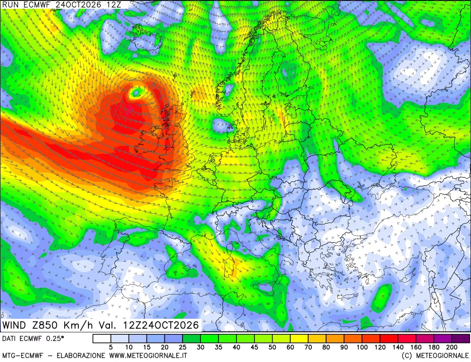 mappa Direzione e forza del vento a 850hPa