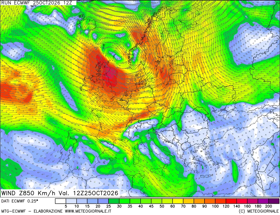 mappa Direzione e forza del vento a 850hPa