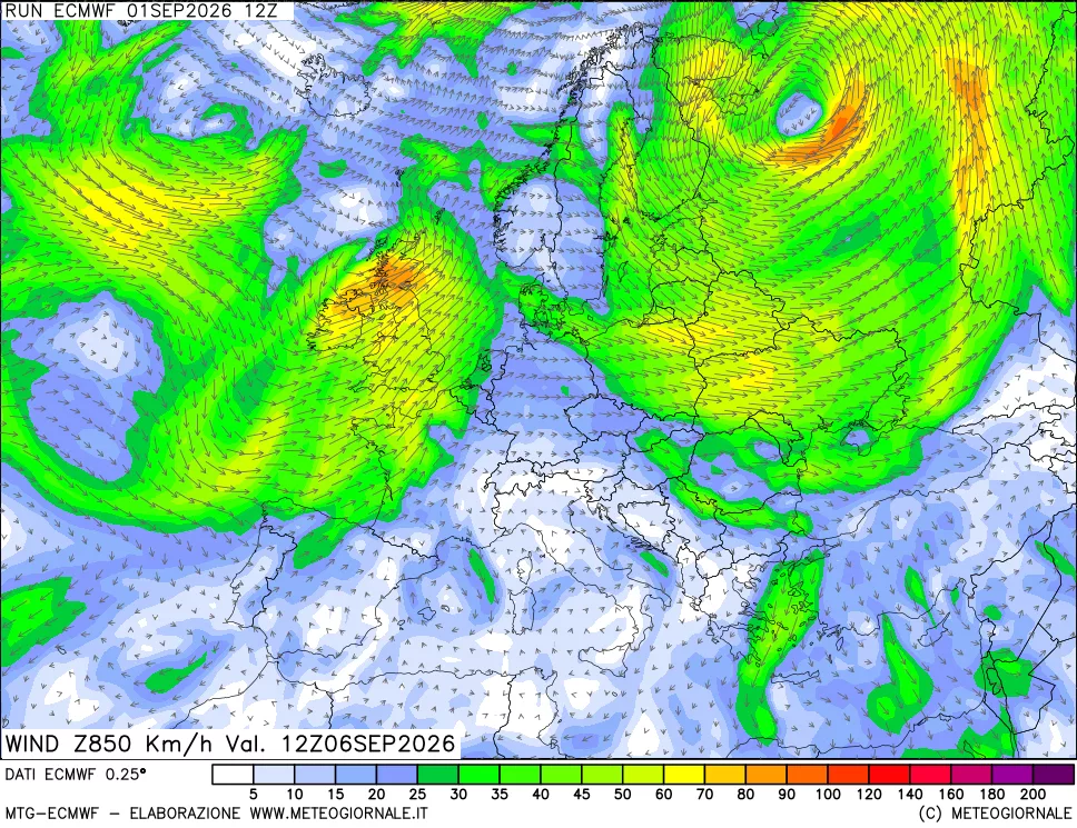 mappa Direzione e forza del vento a 850hPa