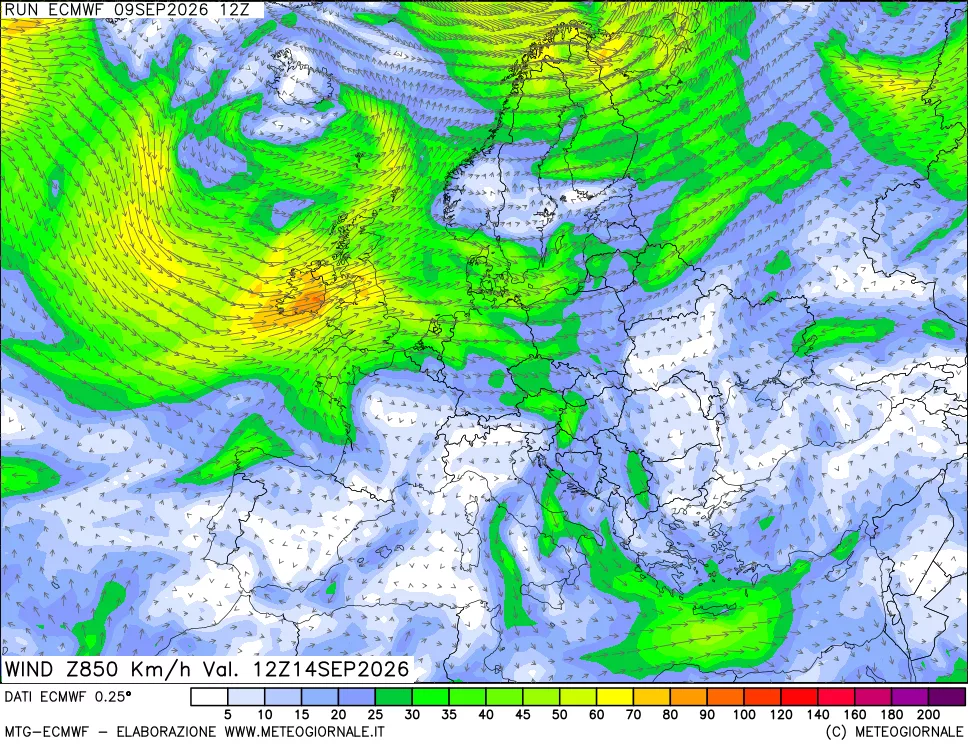 mappa Direzione e forza del vento a 850hPa