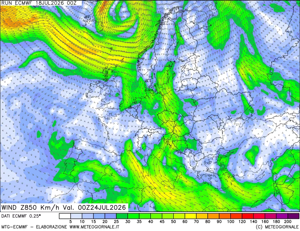 mappa Direzione e forza del vento a 850hPa
