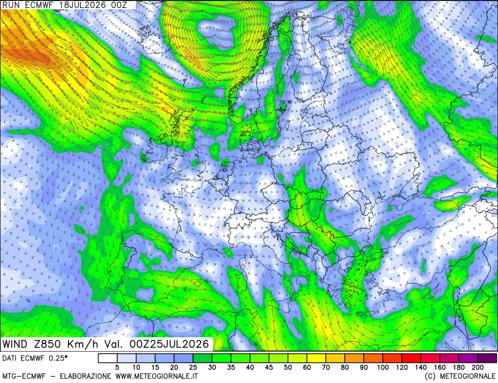 mappa Direzione e forza del vento a 850hPa