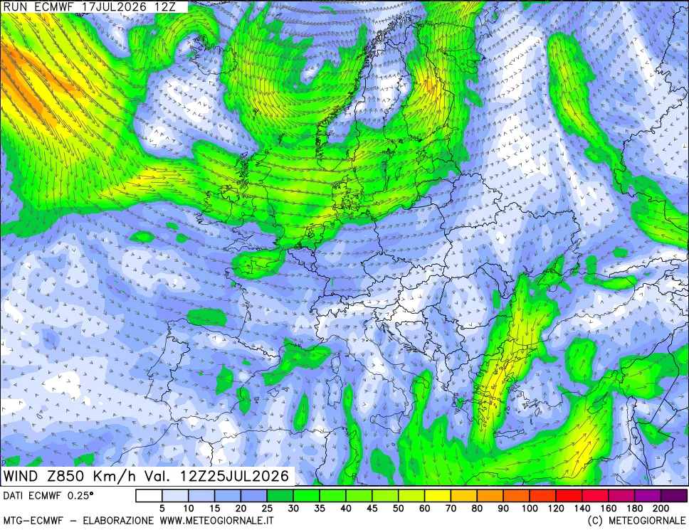 mappa Direzione e forza del vento a 850hPa