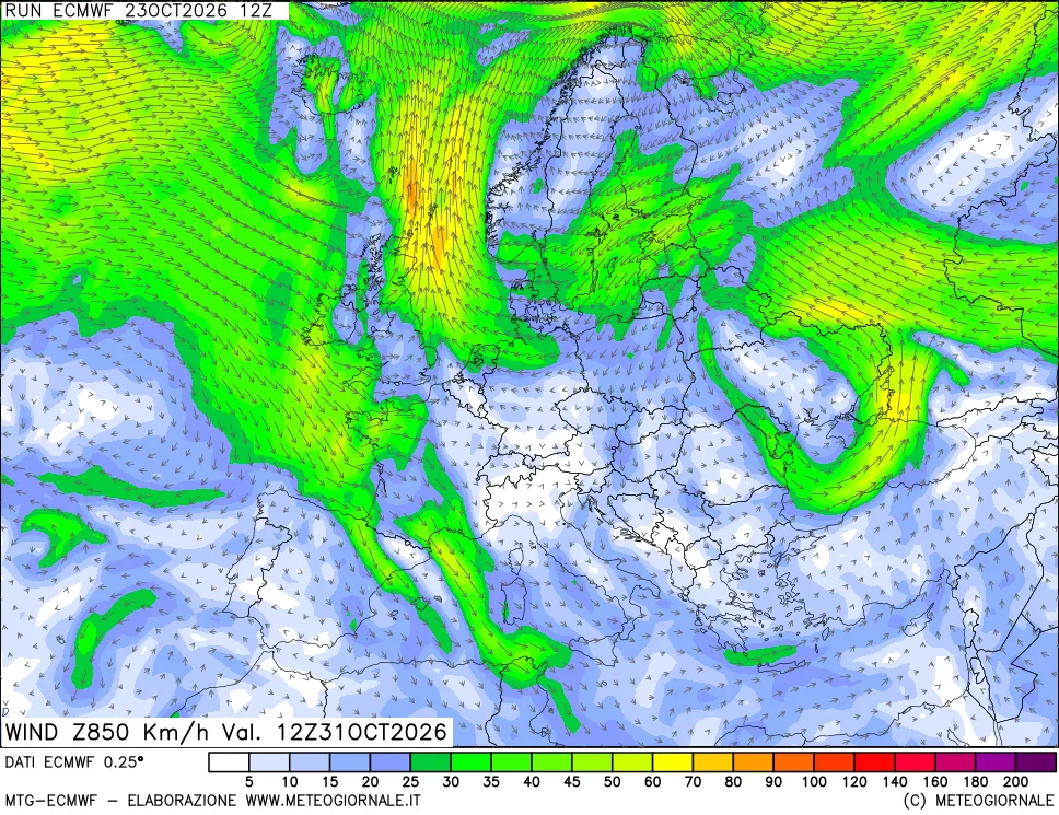 mappa Direzione e forza del vento a 850hPa