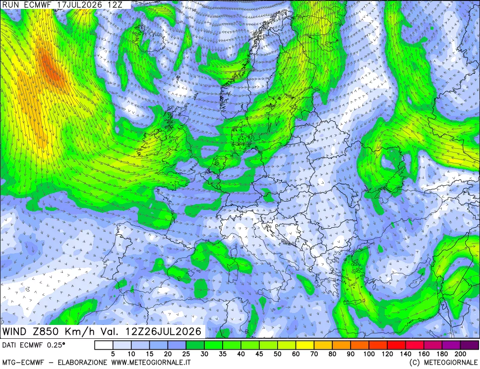 mappa Direzione e forza del vento a 850hPa
