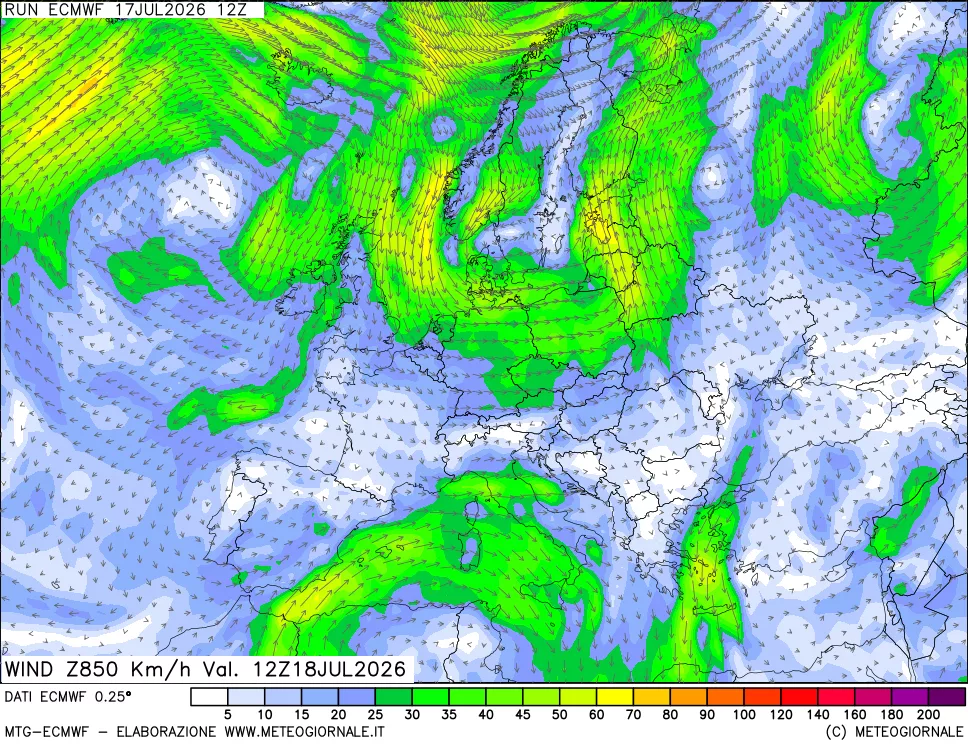 mappa Direzione e forza del vento a 850hPa