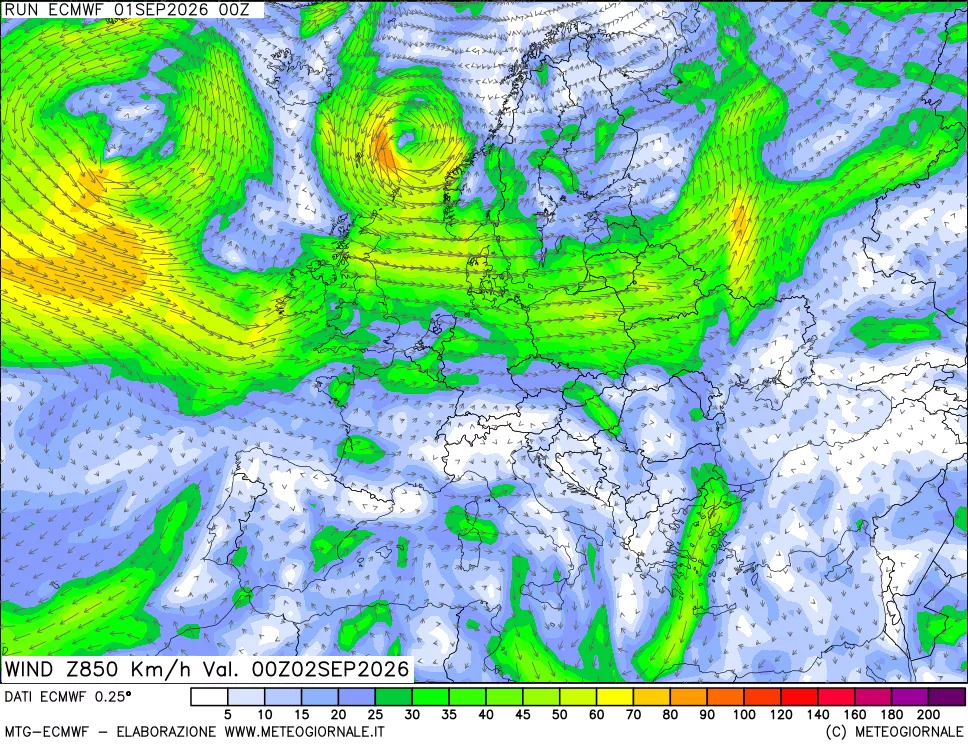 mappa Direzione e forza del vento a 850hPa