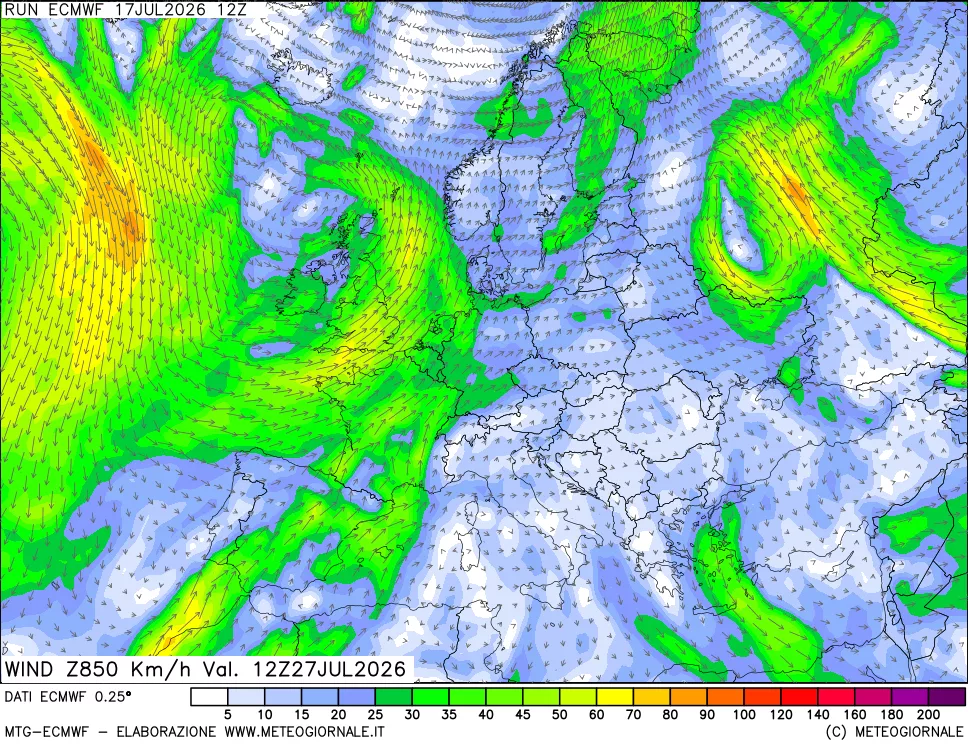 mappa Direzione e forza del vento a 850hPa