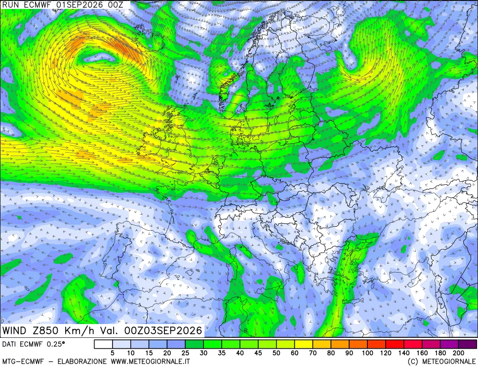 mappa Direzione e forza del vento a 850hPa