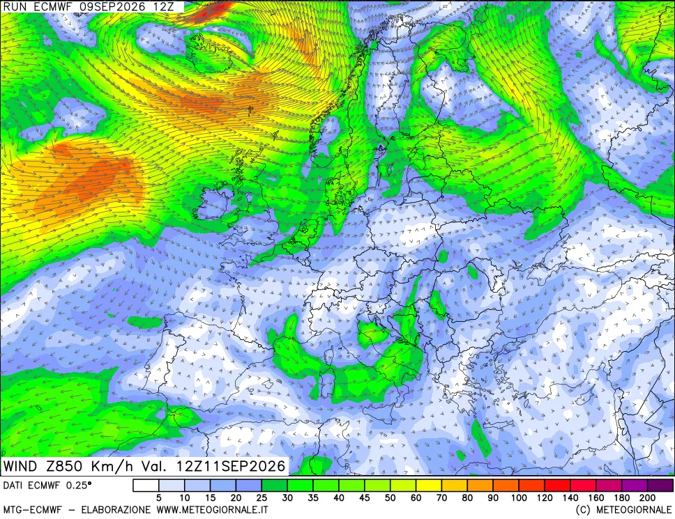 mappa Direzione e forza del vento a 850hPa