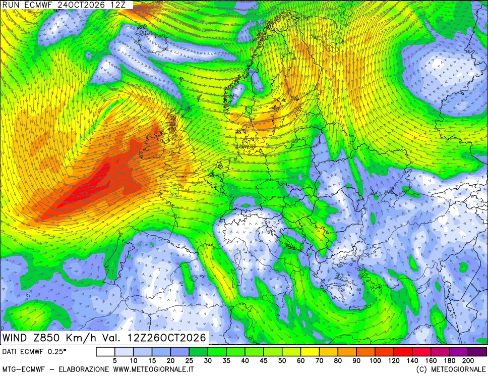 mappa Direzione e forza del vento a 850hPa