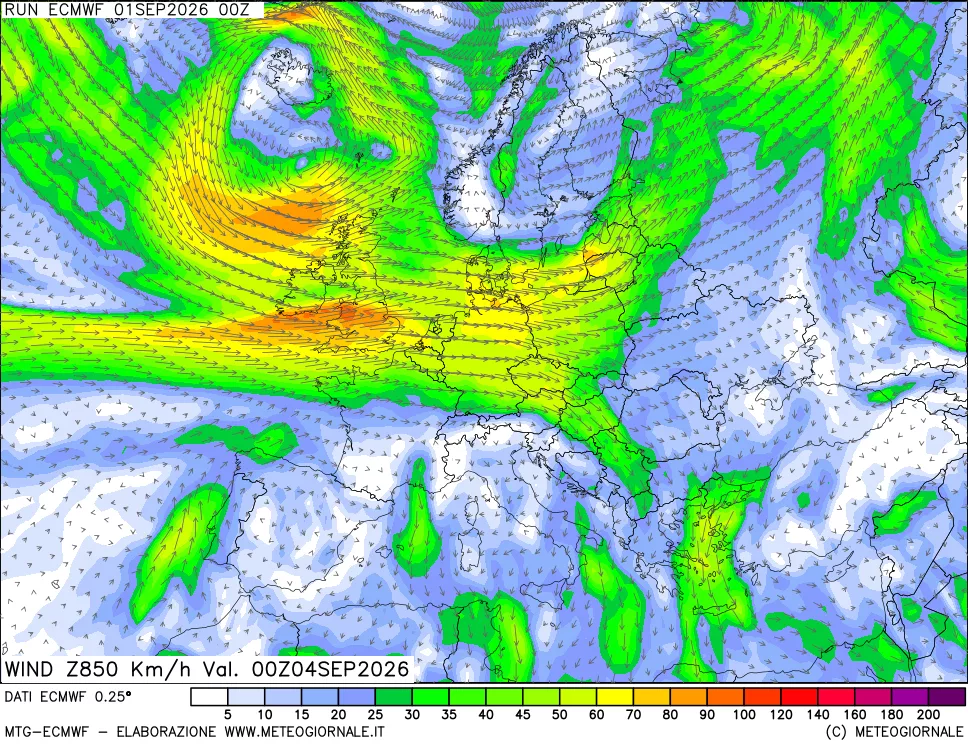 mappa Direzione e forza del vento a 850hPa