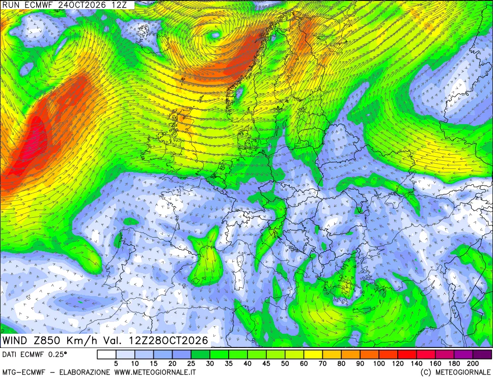 mappa Direzione e forza del vento a 850hPa