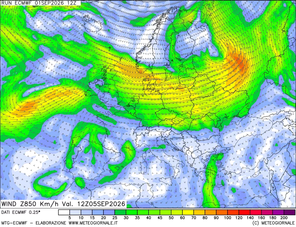 mappa Direzione e forza del vento a 850hPa