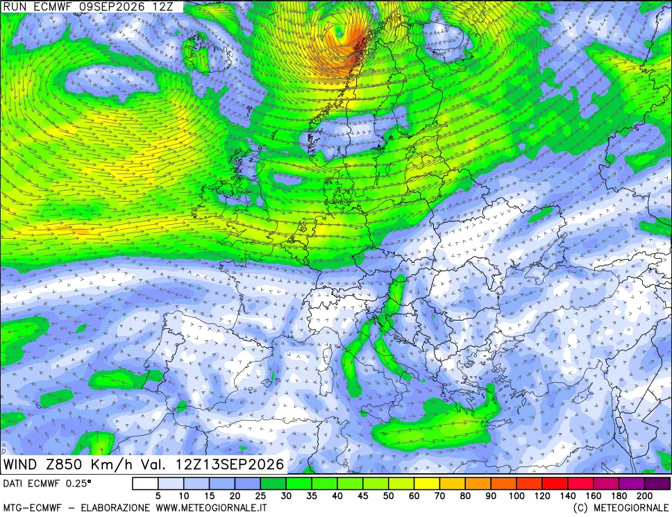 mappa Direzione e forza del vento a 850hPa