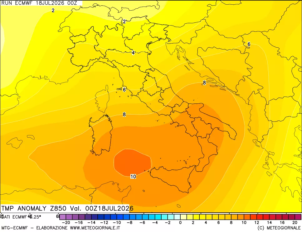 mappa 850 hPa Temp Anomaly vs Cli.No 1981-2010