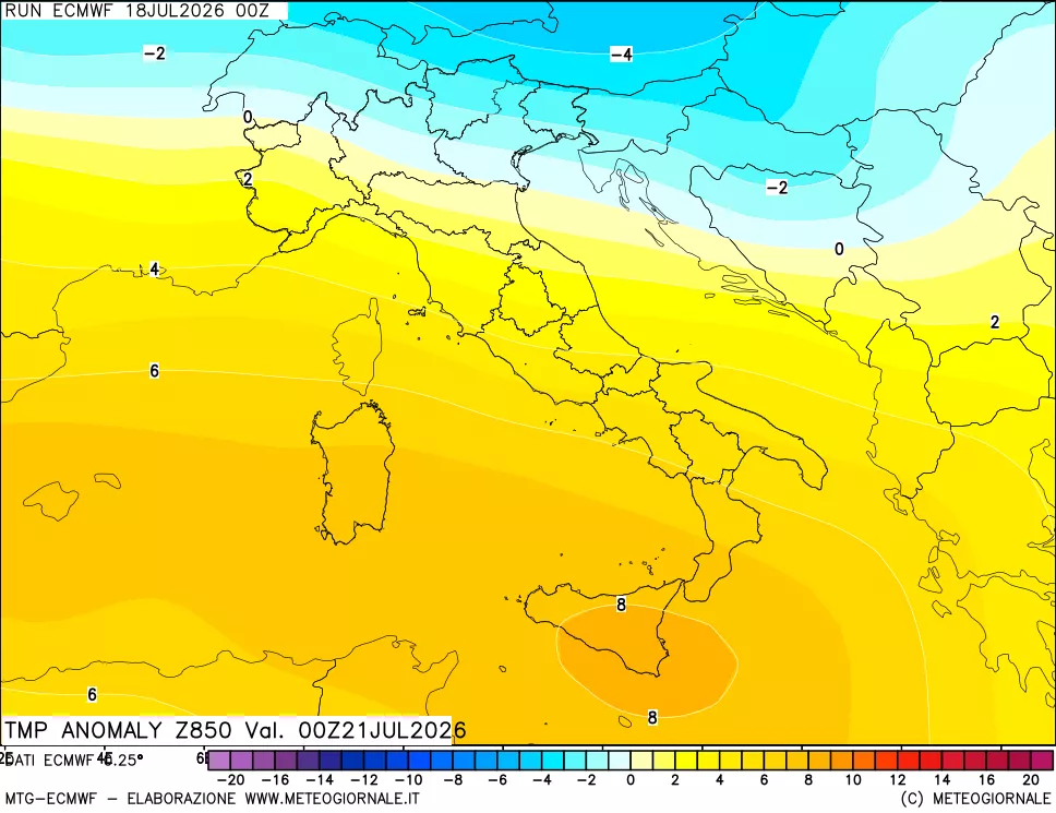 mappa 850 hPa Temp Anomaly vs Cli.No 1981-2010