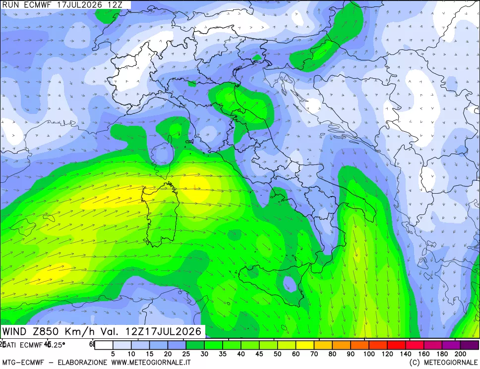 mappa Direzione e forza del vento a 850hPa
