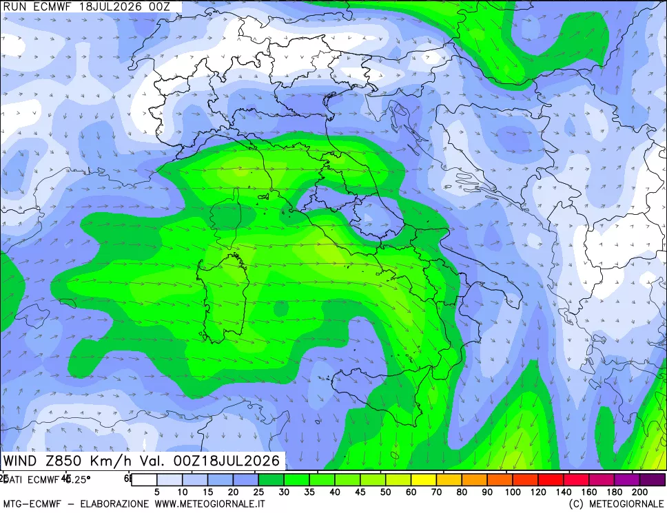 mappa Direzione e forza del vento a 850hPa