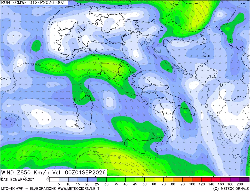 mappa Direzione e forza del vento a 850hPa