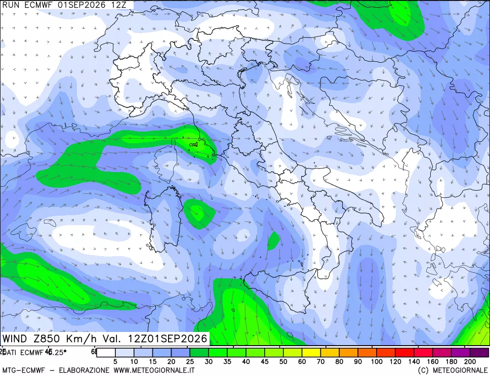 mappa Direzione e forza del vento a 850hPa