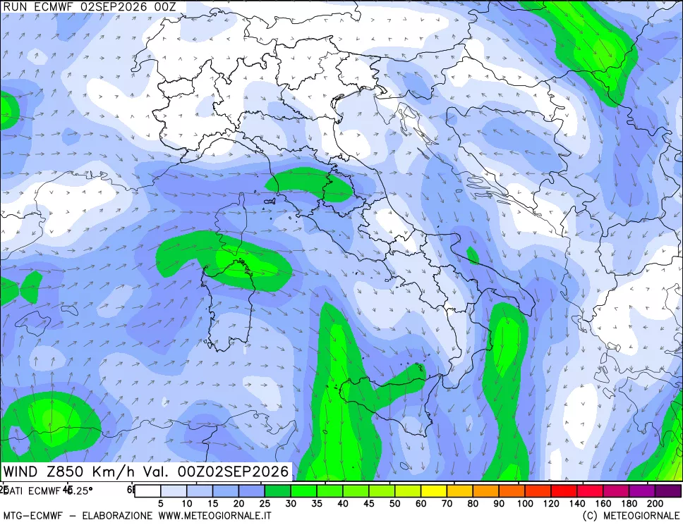 mappa Direzione e forza del vento a 850hPa