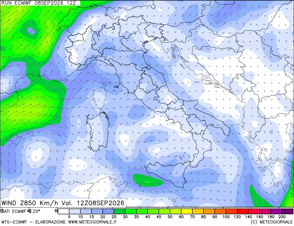 mappa Direzione e forza del vento a 850hPa