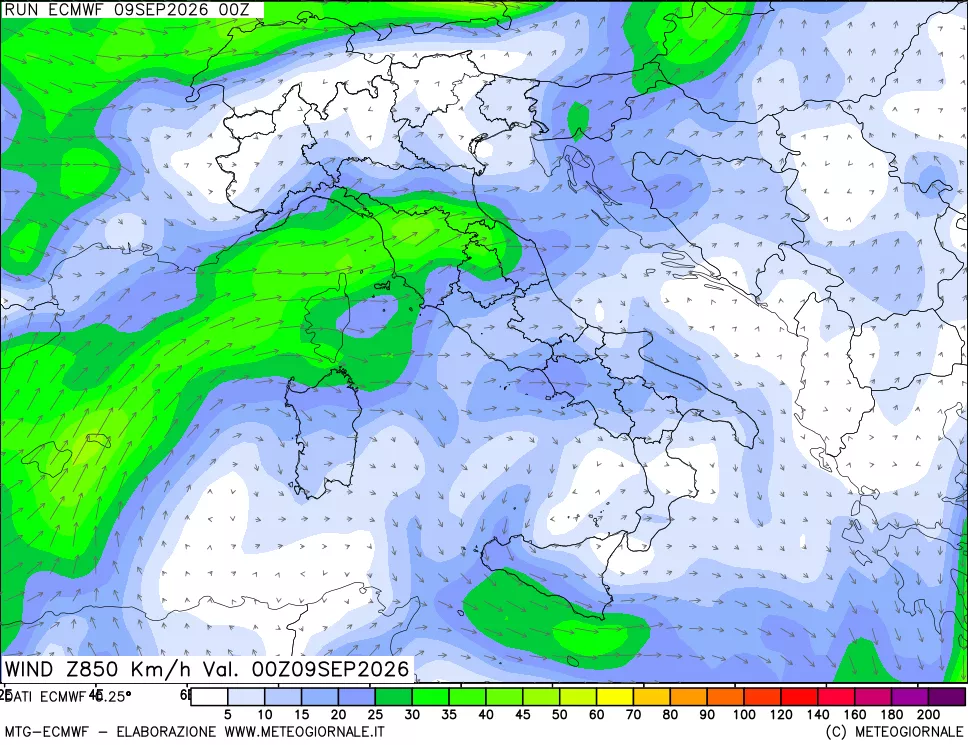 mappa Direzione e forza del vento a 850hPa