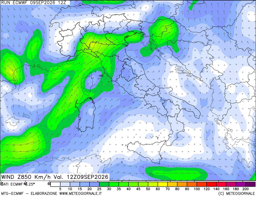 mappa Direzione e forza del vento a 850hPa