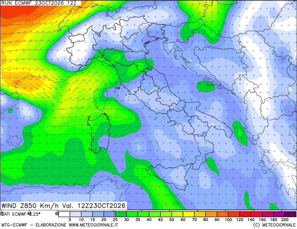 mappa Direzione e forza del vento a 850hPa