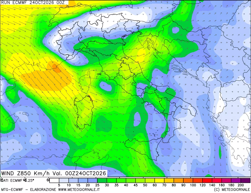 mappa Direzione e forza del vento a 850hPa