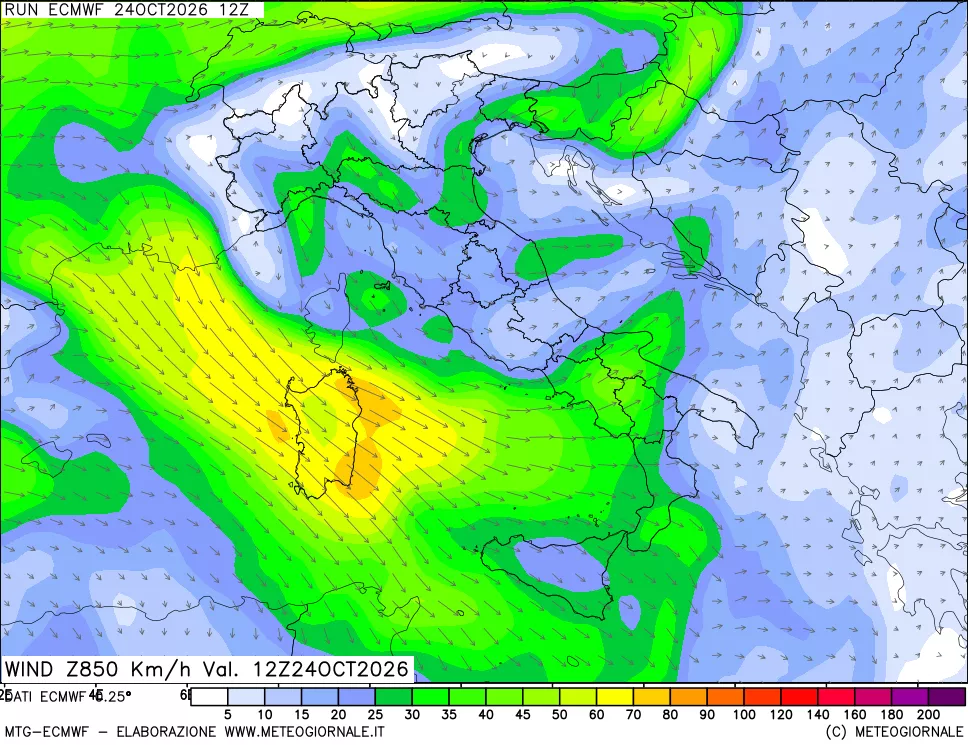mappa Direzione e forza del vento a 850hPa